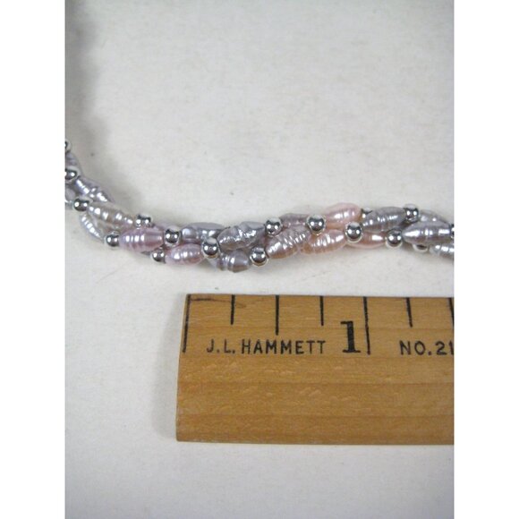 Dyed Pearl Beaded Twisted Pink Silver Bead Necklace 25 Inches Multi Strand - Picture 3 of 10
